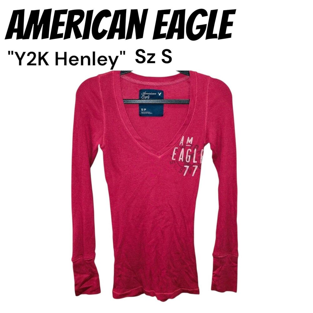 American Eagle Sz S Red Ribbed Henley Bella Swan Slim Fit Long Sleeve Logo Shirt